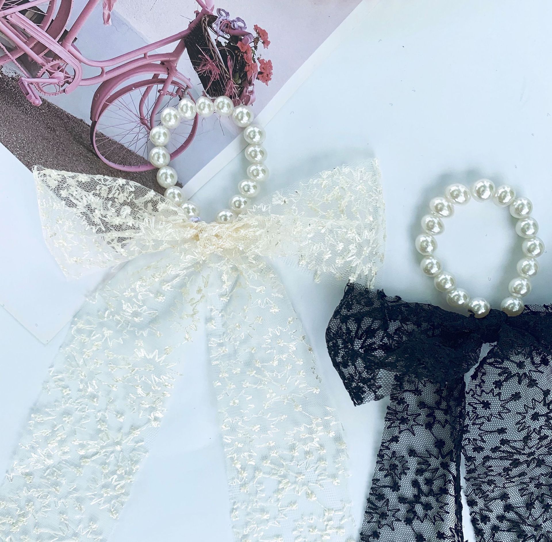 Super Fairy Headband Korean Style Graceful Bow Pearl Lace Embroidery Streamer Hair Tie Rope Hair Band Hair Band Silk Scarf Headdress