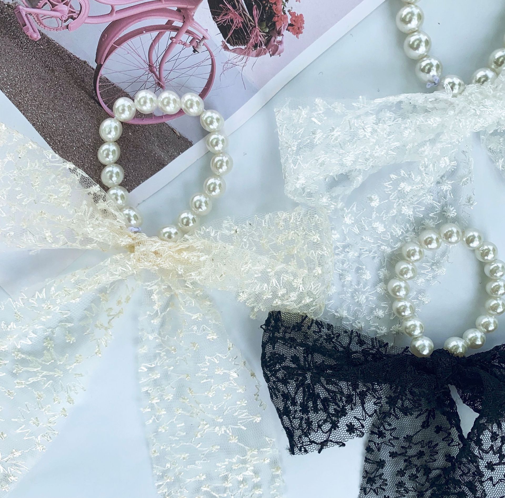 Super Fairy Headband Korean Style Graceful Bow Pearl Lace Embroidery Streamer Hair Tie Rope Hair Band Hair Band Silk Scarf Headdress