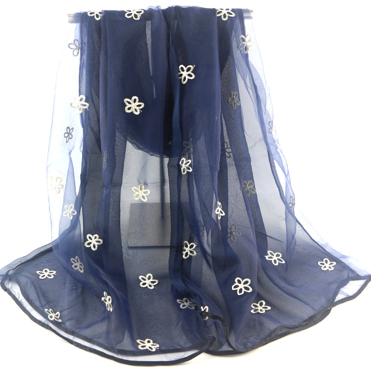 High-End Elegant Five-Leaf Flower Fashion Scarf Handmade Embroidery Double-Layer Organza Two-Layer Scarf