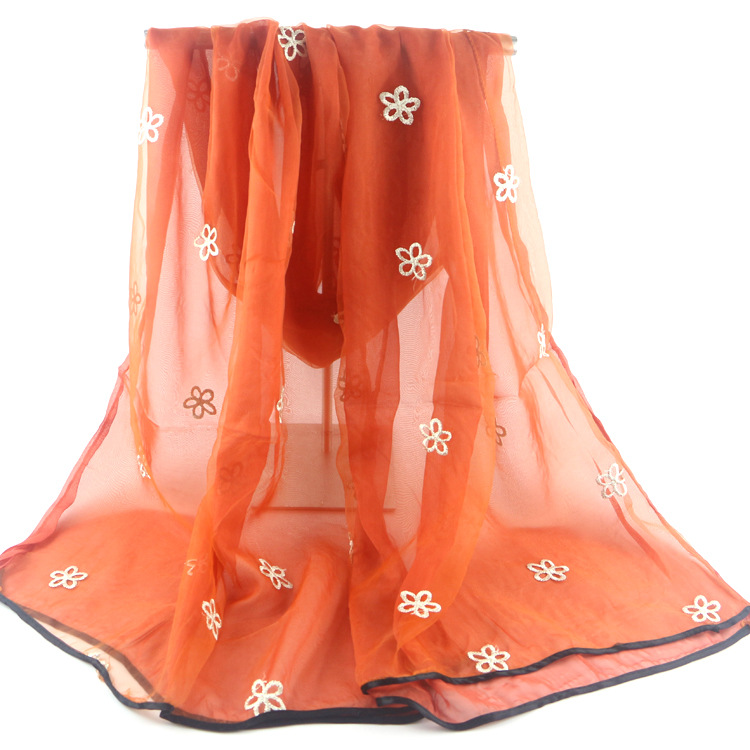 High-End Elegant Five-Leaf Flower Fashion Scarf Handmade Embroidery Double-Layer Organza Two-Layer Scarf
