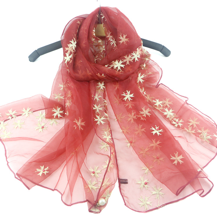 High-End Embroidery Organza Silk Scarf Silk Dress and Cheongsam Shawl Starfish Scarf Solid Color Pearl Scarf Women&#039;s Spring and Summer