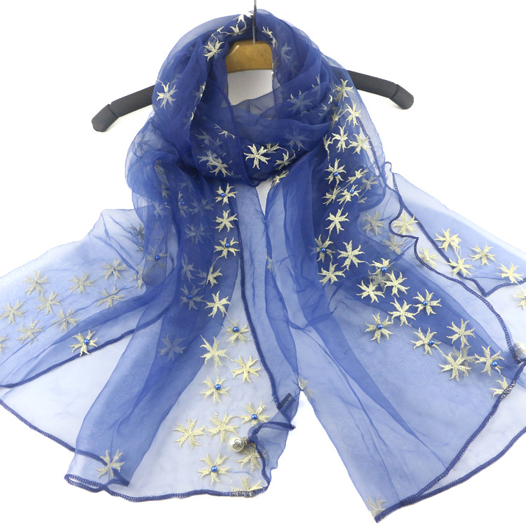 High-End Embroidery Organza Silk Scarf Silk Dress and Cheongsam Shawl Starfish Scarf Solid Color Pearl Scarf Women&#039;s Spring and Summer