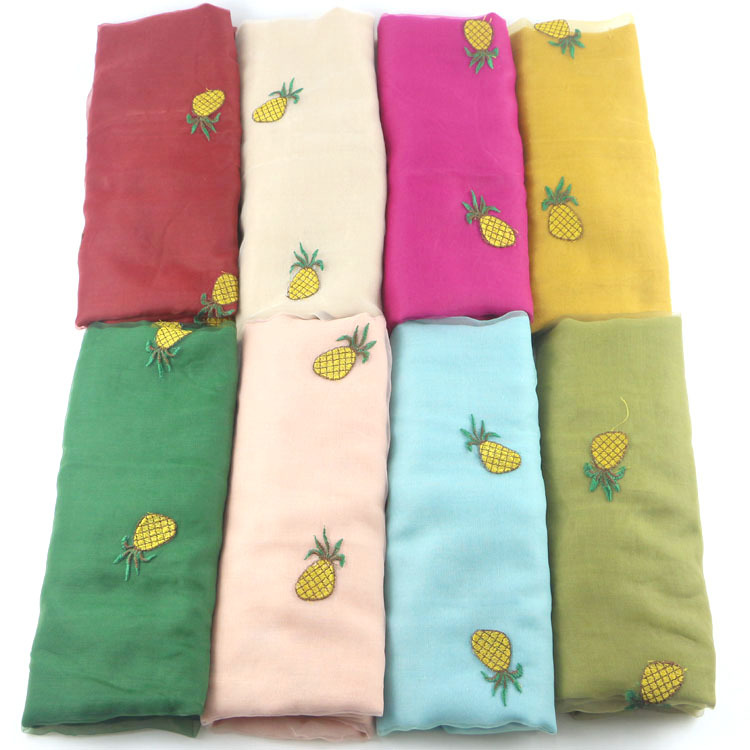 Foreign Trade Four Seasons Twill Cotton Embroidery Scarf Pineapple Embroidery Talma Dual-Use Travel Air Conditioning Sunscreen Scarf