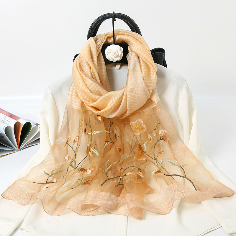 2021 New Embroidery Gold Silk Wool Scarf Women&#039;s Embroidery Mulberry Silk Cheongsam Shawl Outer Matc Embroidery Scarfh