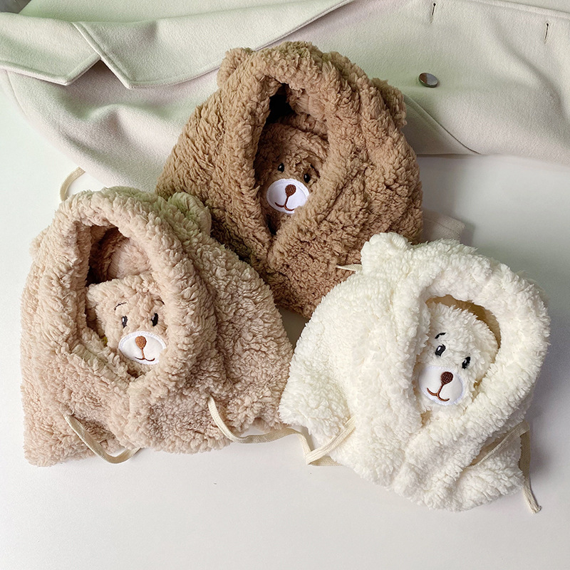 Plush Hat Mask Neck Warmer Pullover Cap Winter Embroidery Bear Ear Scarf Ear Protection Warm Hat Female Korean Style