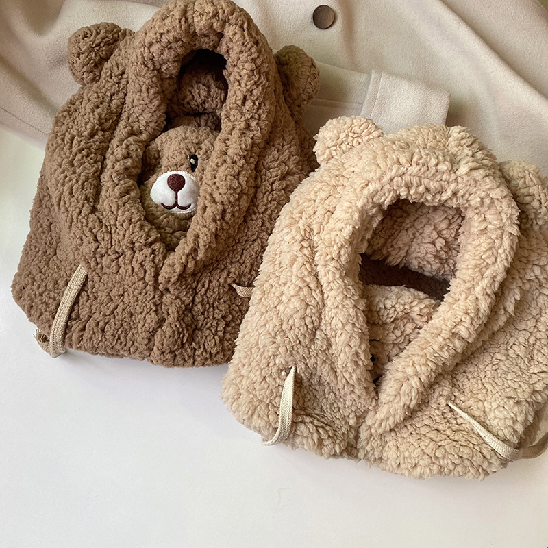 Plush Hat Mask Neck Warmer Pullover Cap Winter Embroidery Bear Ear Scarf Ear Protection Warm Hat Female Korean Style