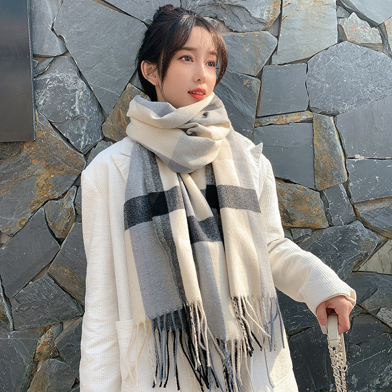 Women&#039;s Scarf 2021 Winter New Plaid Yarn-Dyed Tassel Artificial Cashmere Scarf Fashion Mid-Length Warm Shawl