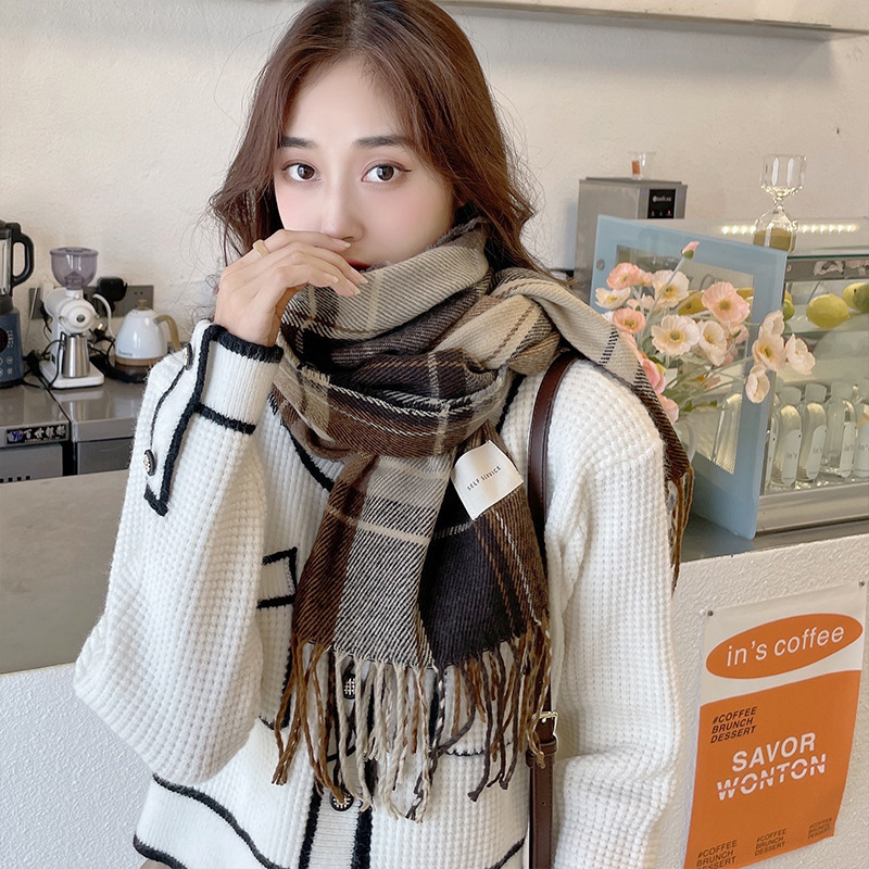 Winter Korean Style Versatile Retro Plaid Cashmere-like Girl Student Scarf Couple Shawl Factory Wholesale Knitting Scarf