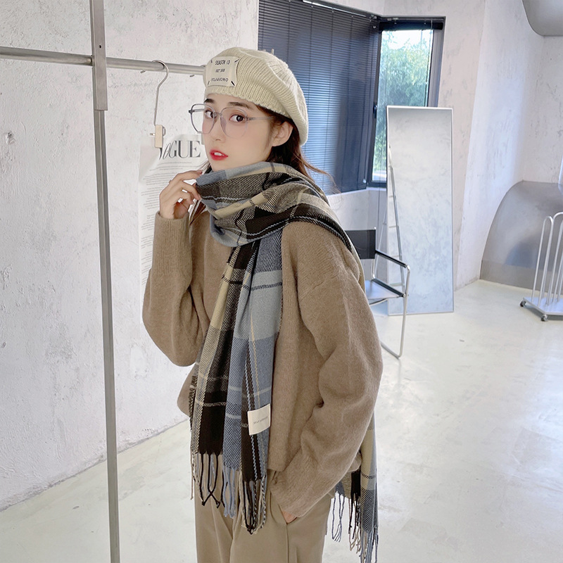 Winter Korean Style Versatile Retro Plaid Cashmere-like Girl Student Scarf Couple Shawl Factory Wholesale Knitting Scarf
