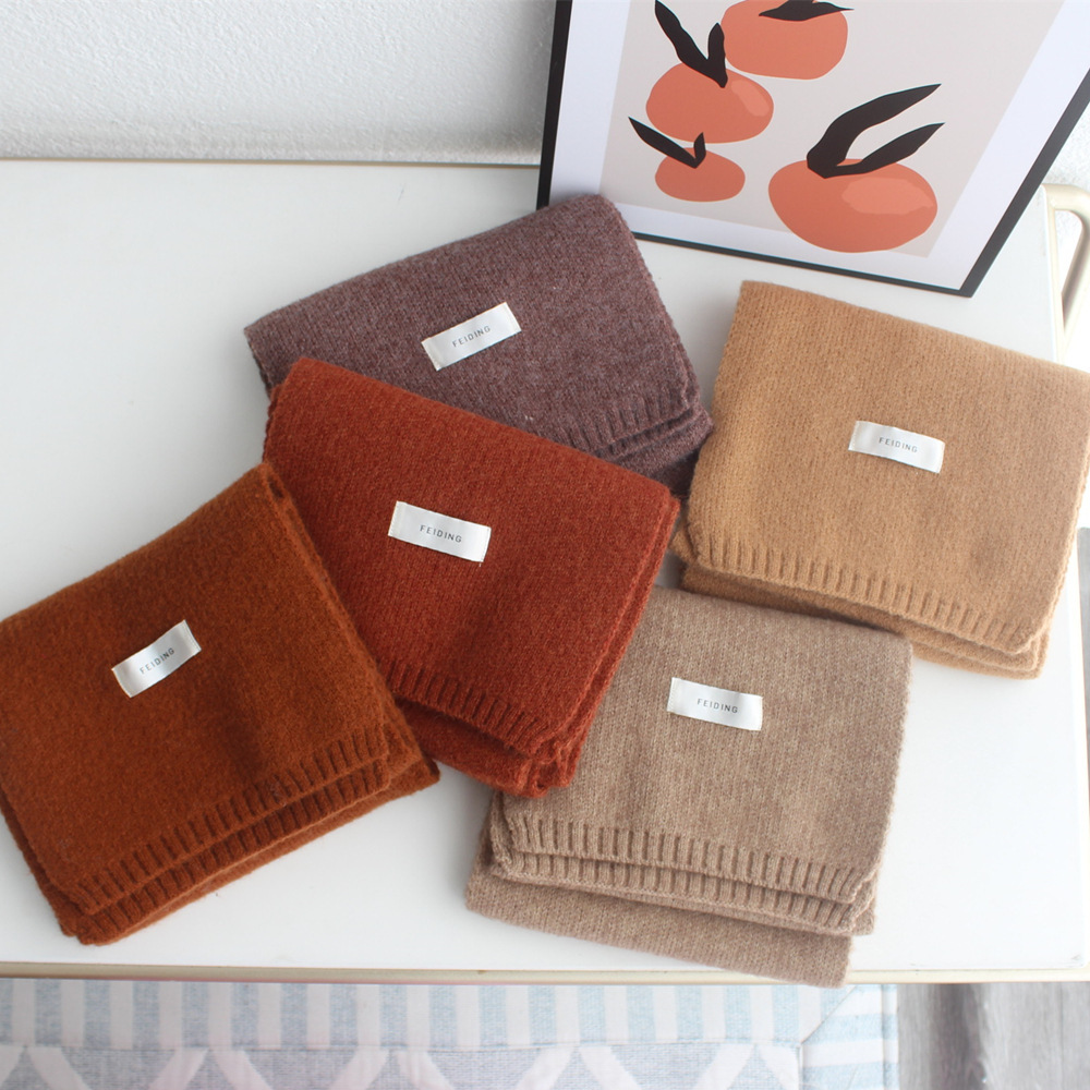 Style Labeling Soft Glutinous Solid Color Knitted Small Scarf Men and Women Couple&#039;s New Wool Scar Knitting Scarff