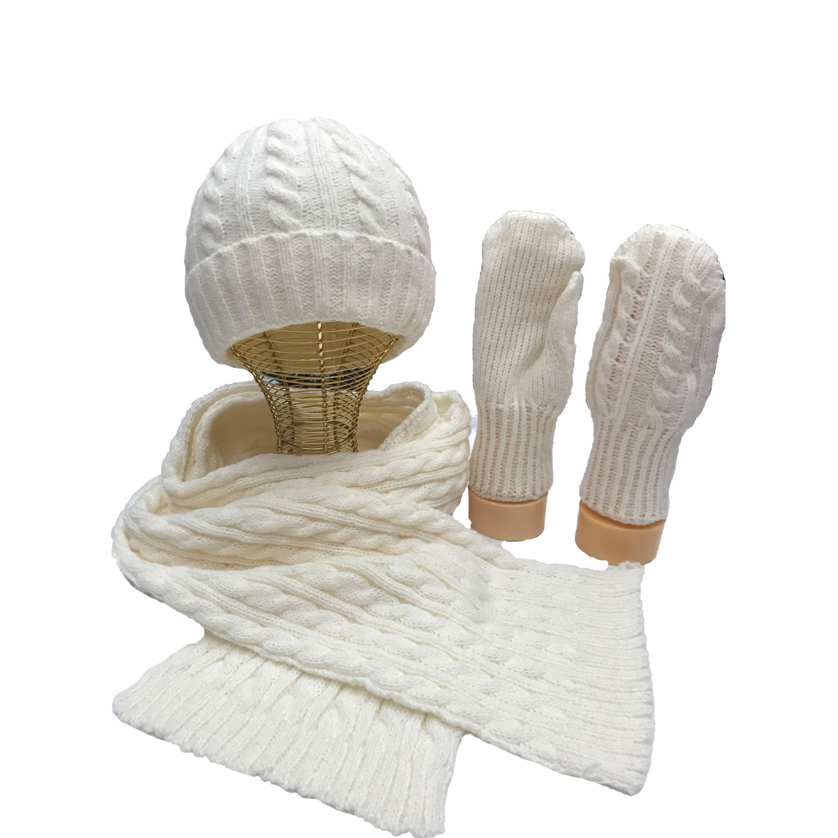 New Small Twist Knitting Hat, Scarf and Gloves Three-Piece Multi-Color Soft Warm Suit Woolen Cap Wholesale