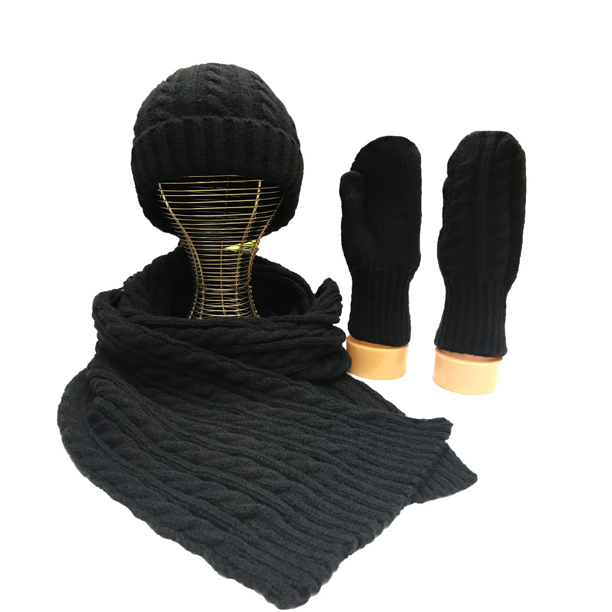 New Small Twist Knitting Hat, Scarf and Gloves Three-Piece Multi-Color Soft Warm Suit Woolen Cap Wholesale