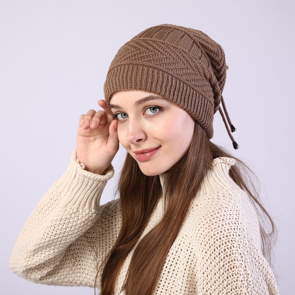 Winter Toque Fleece-Lined Knitting Men and Women Sleeve Cap Scarf 2 Knitted Wool Confinement Windproof Earflaps Hat