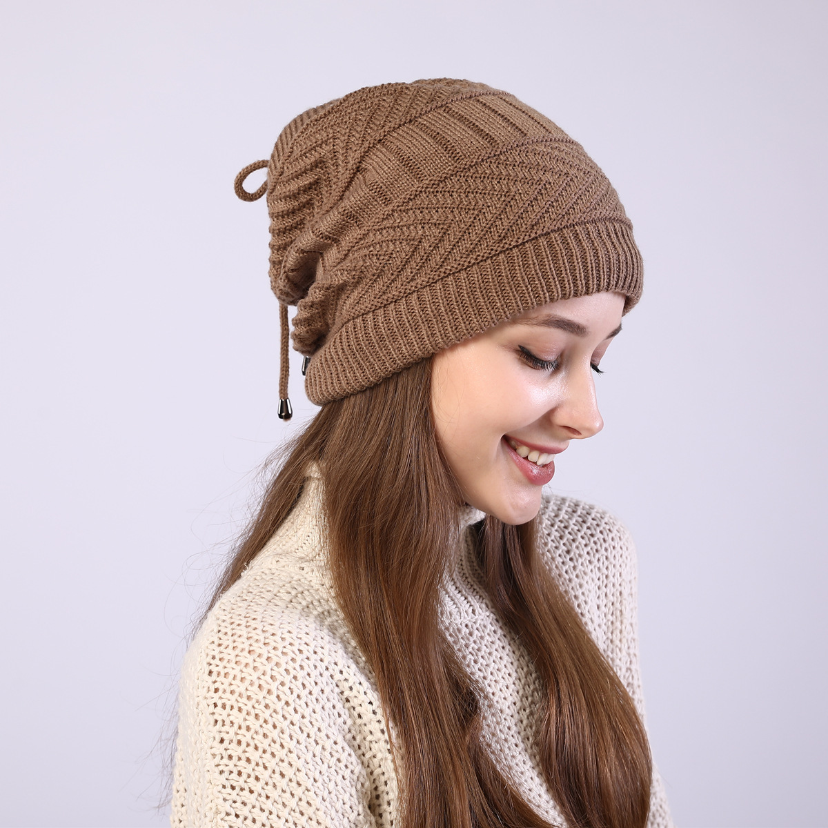 Winter Toque Fleece-Lined Knitting Men and Women Sleeve Cap Scarf 2 Knitted Wool Confinement Windproof Earflaps Hat
