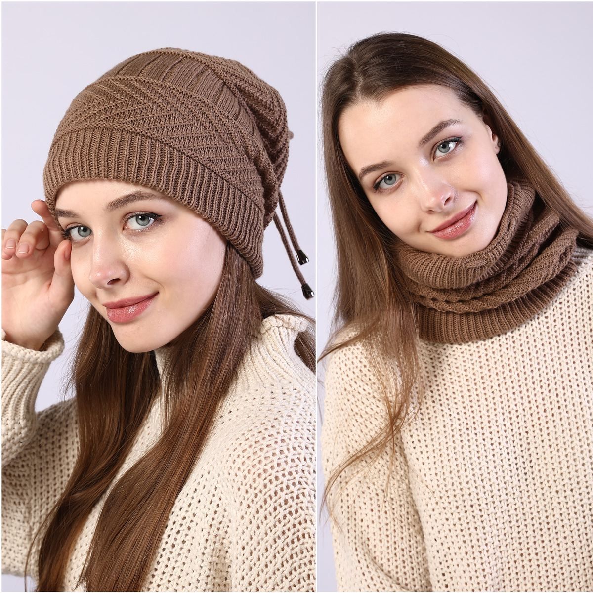 Winter Toque Fleece-Lined Knitting Men and Women Sleeve Cap Scarf 2 Knitted Wool Confinement Windproof Earflaps Hat