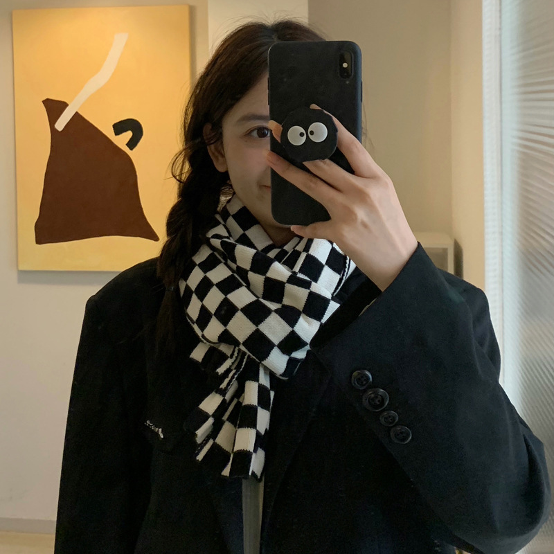 Chessboard Plaid Scarf Autumn and Winter Knitting Needle Woven Women Small Scarf Korean Ins Style Black and White Plaid Scarf New Manufacturer