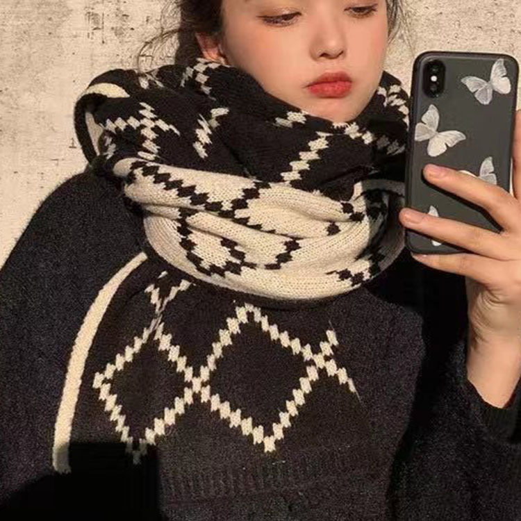 Warm Lengthen and Thicken Double-Sided Rhombus Jacquard Wool Knitted Scarf Wholesale Factory in Stock Knitting Scarf