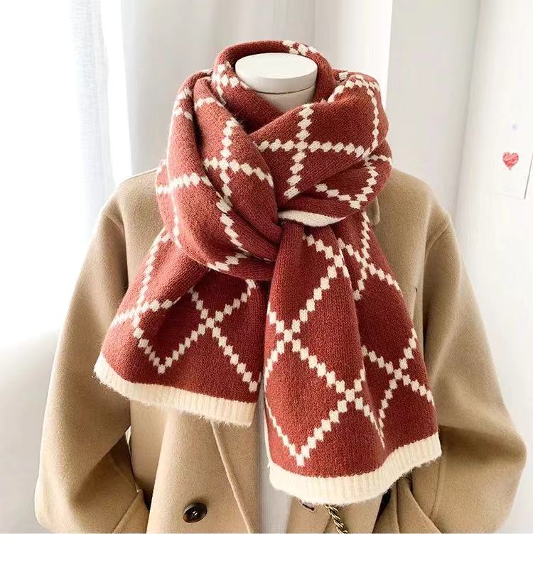 Warm Lengthen and Thicken Double-Sided Rhombus Jacquard Wool Knitted Scarf Wholesale Factory in Stock Knitting Scarf