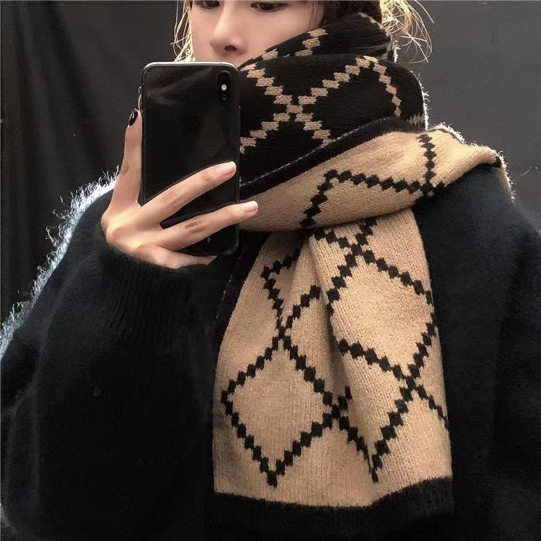 Warm Lengthen and Thicken Double-Sided Rhombus Jacquard Wool Knitted Scarf Wholesale Factory in Stock Knitting Scarf