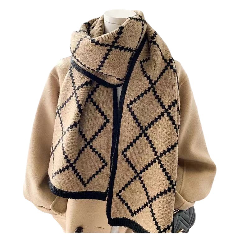 Warm Lengthen and Thicken Double-Sided Rhombus Jacquard Wool Knitted Scarf Wholesale Factory in Stock Knitting Scarf