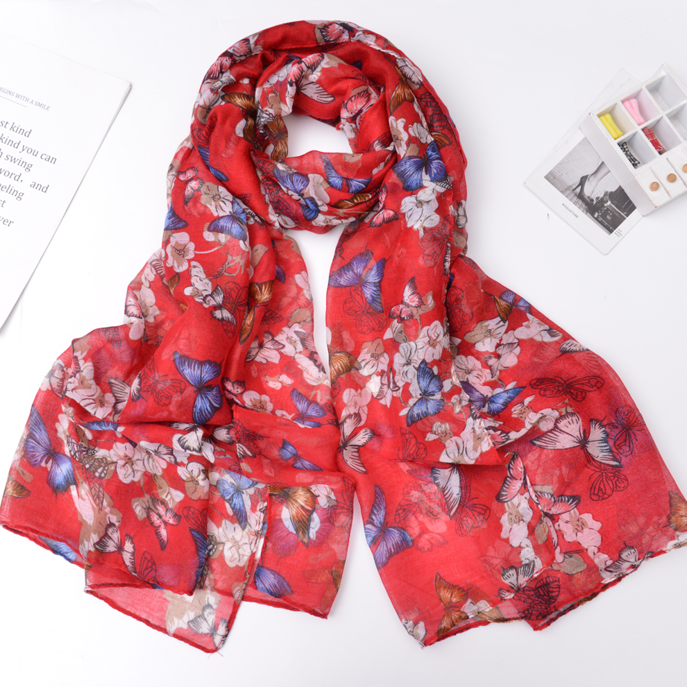2021 New Voile Butterfly Print Spring and Summer Leisure Women Scarf Shawl Bandana Factory Direct Sales Spot