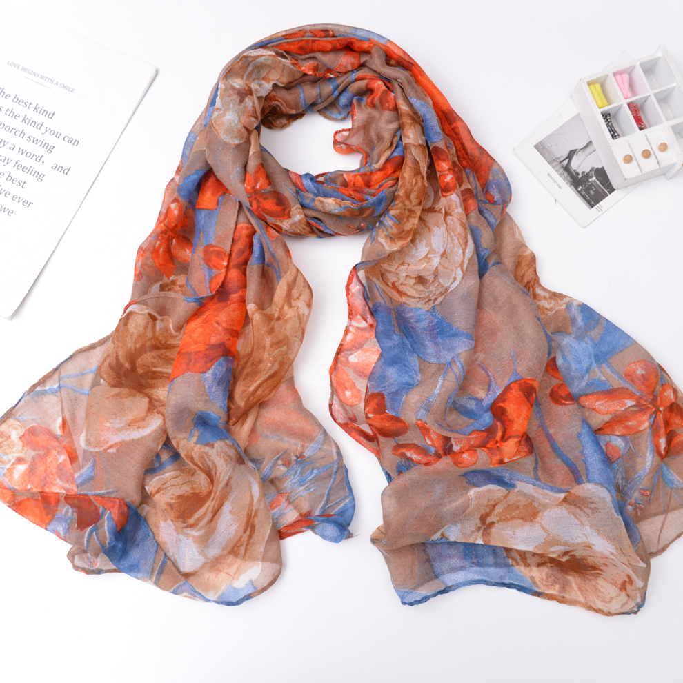 2021 New Voile Flower Print Spring and Summer Leisure Women Scarf Shawl Bandana Factory Direct Sales Spot