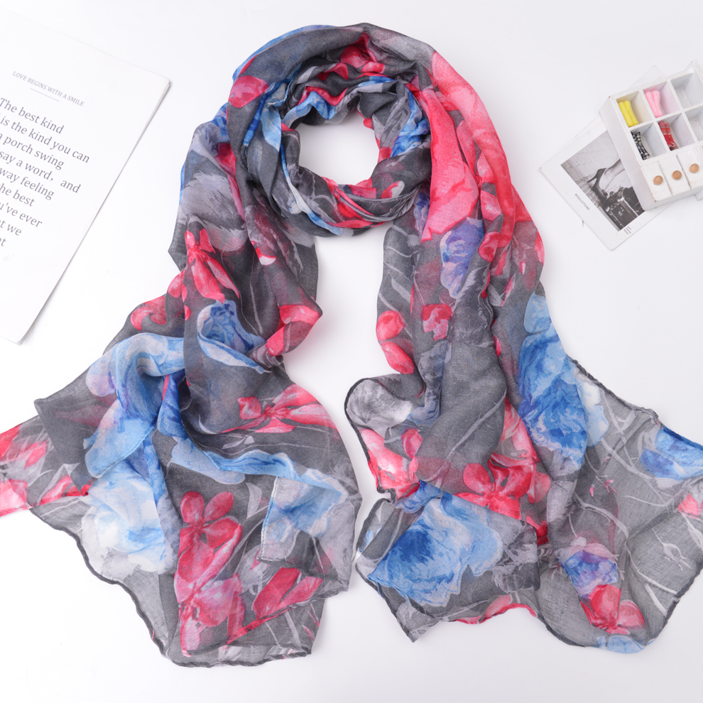 2021 New Voile Flower Print Spring and Summer Leisure Women Scarf Shawl Bandana Factory Direct Sales Spot