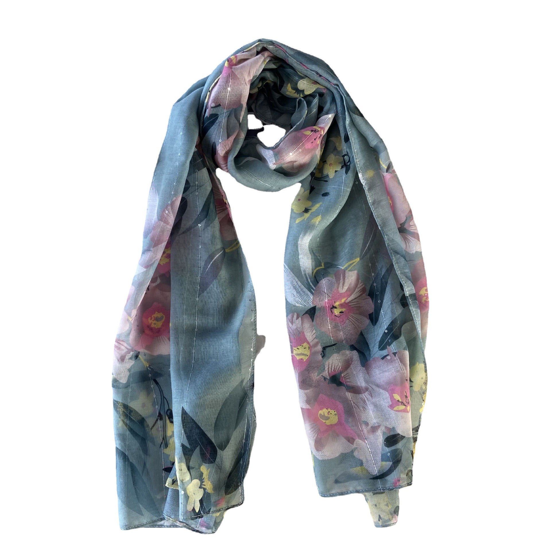 Spring and Autumn New Scarf Voile Polyester Silver Sequined Printed Silk Scarf Women&#039;s Fashionable Small Floral Shawl
