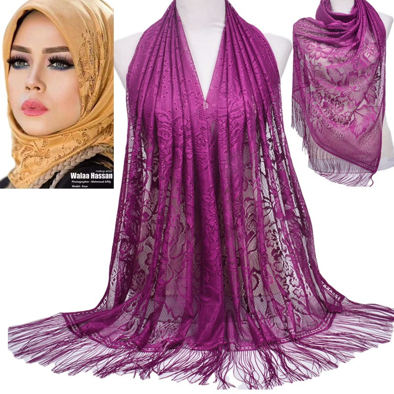 Muslim Scarf Veil Solid Color Lace Hollow Tassel Silk Scarf Women&#039;s Summer Malaysia Long Scarf Shawl Muslim Scarf