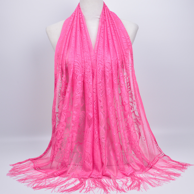 Muslim Scarf Veil Solid Color Lace Hollow Tassel Silk Scarf Women&#039;s Summer Malaysia Long Scarf Shawl Muslim Scarf