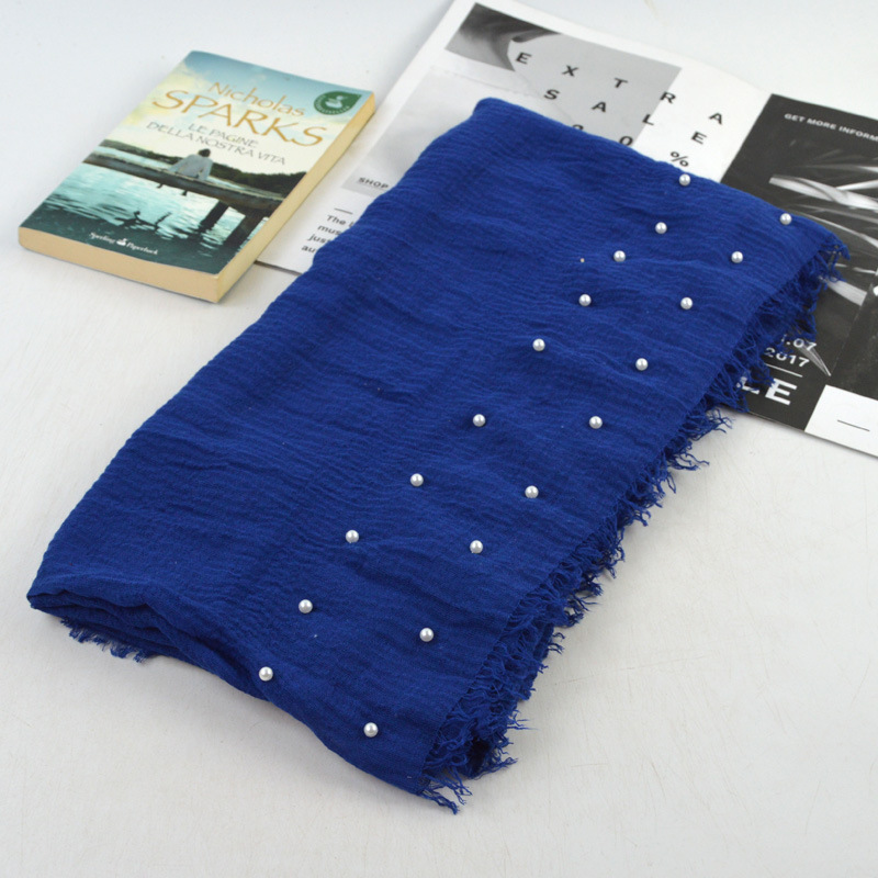 Two Rows White Pearl Monochrome Cotton Linen Pleated Wool Tassel Scarf Solid Color Crumpled Muslim Kerchief Muslim Scarf