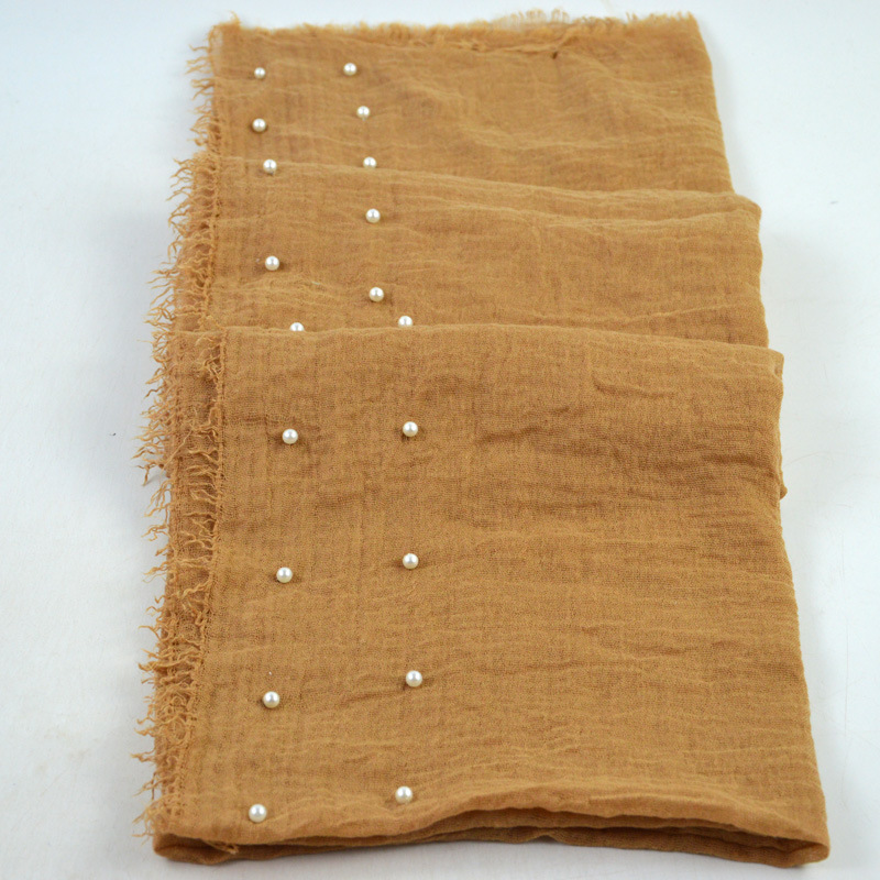 Two Rows White Pearl Monochrome Cotton Linen Pleated Wool Tassel Scarf Solid Color Crumpled Muslim Kerchief Muslim Scarf