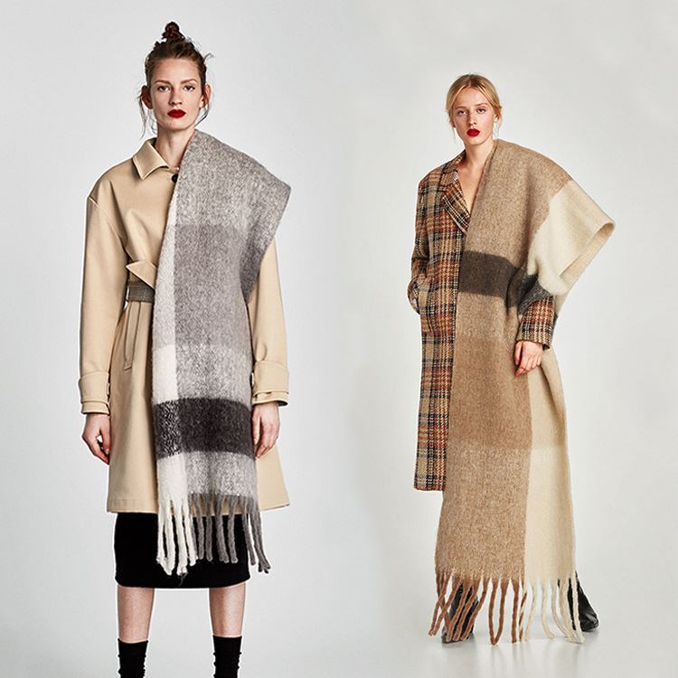 European  Z  Autumn and Winter Scarf Thick Plaid Long Fringe Cashmere Scarf Super Long Cashmere Talma Cashmere Scarves