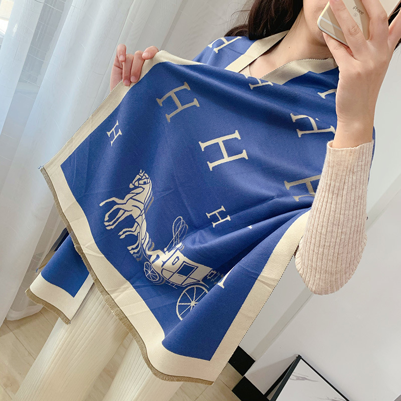 Artificial Cashmere Scarf Women&#039;s H Letter Carriage Pattern Warm Double-Sided Thickened All-Matching Shawl Silk Scarves