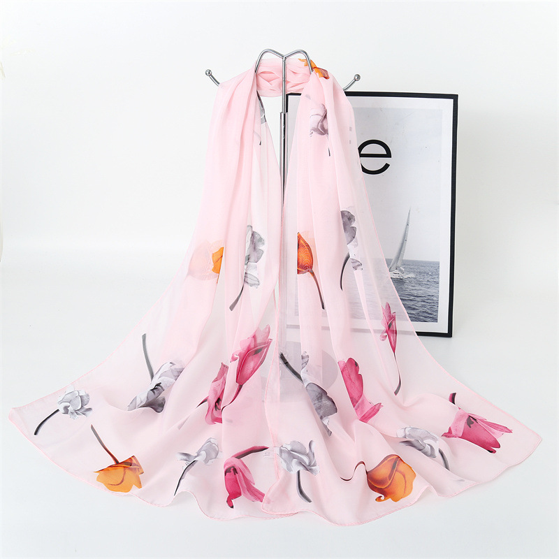  Autumn New Korean Style Floral Elegant Scarf Female Ornament Shawl Sunscreen Scarf Gift Thin Scarf Chiffon Scarves