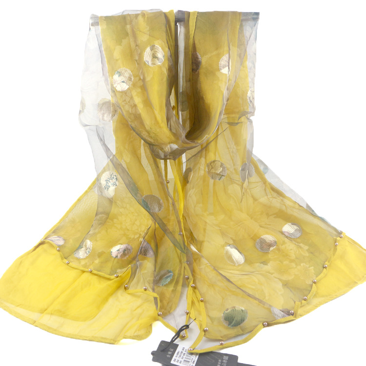 Foreign Trade Beaded Organza Cut Flower Scarf Three-Layer Stitching Polka Dot Long Scarves Chiffon Printed All-Matching Dual-Use Shawl