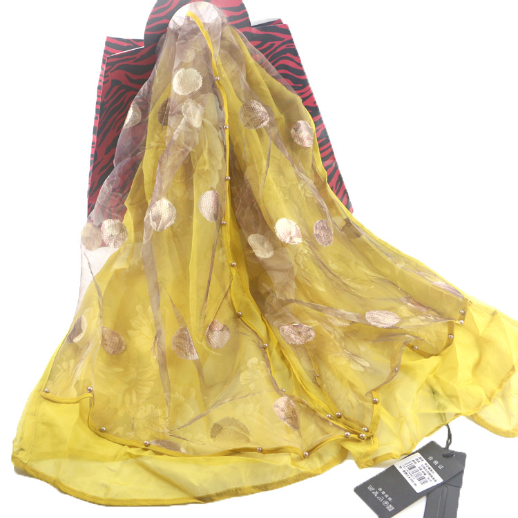 Foreign Trade Beaded Organza Cut Flower Scarf Three-Layer Stitching Polka Dot Long Scarves Chiffon Printed All-Matching Dual-Use Shawl