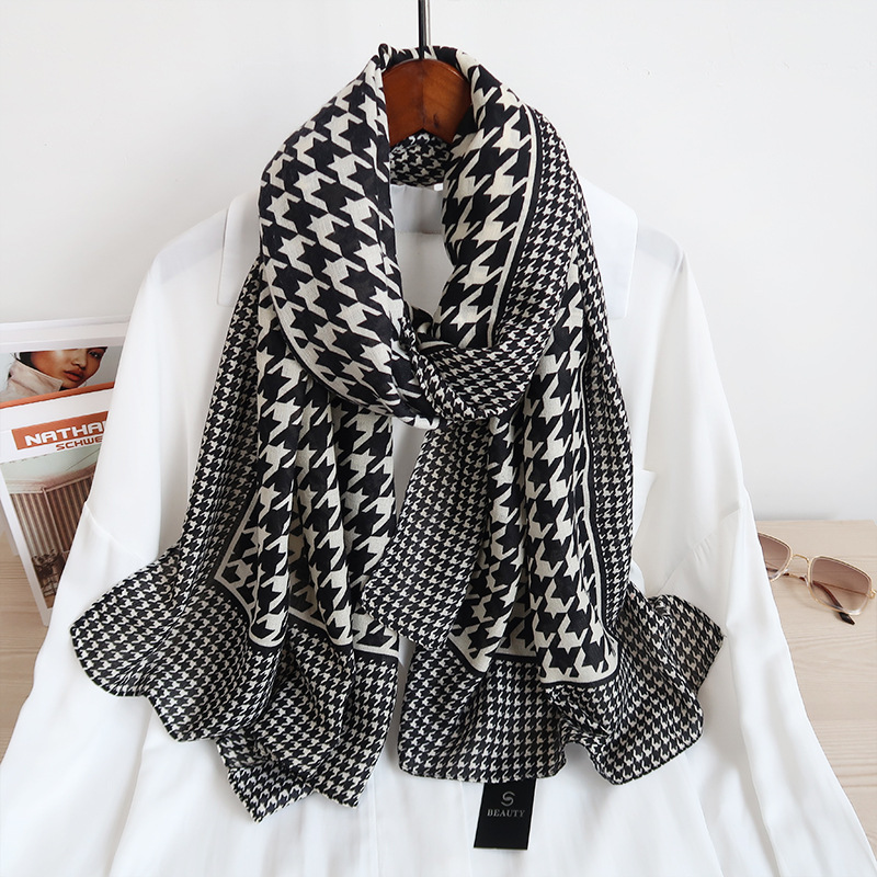 Women &#039;S Long Houndstooth Cotton And Linen Scarf, Vacation Sun Protection Long Scarves Scarf Shawl