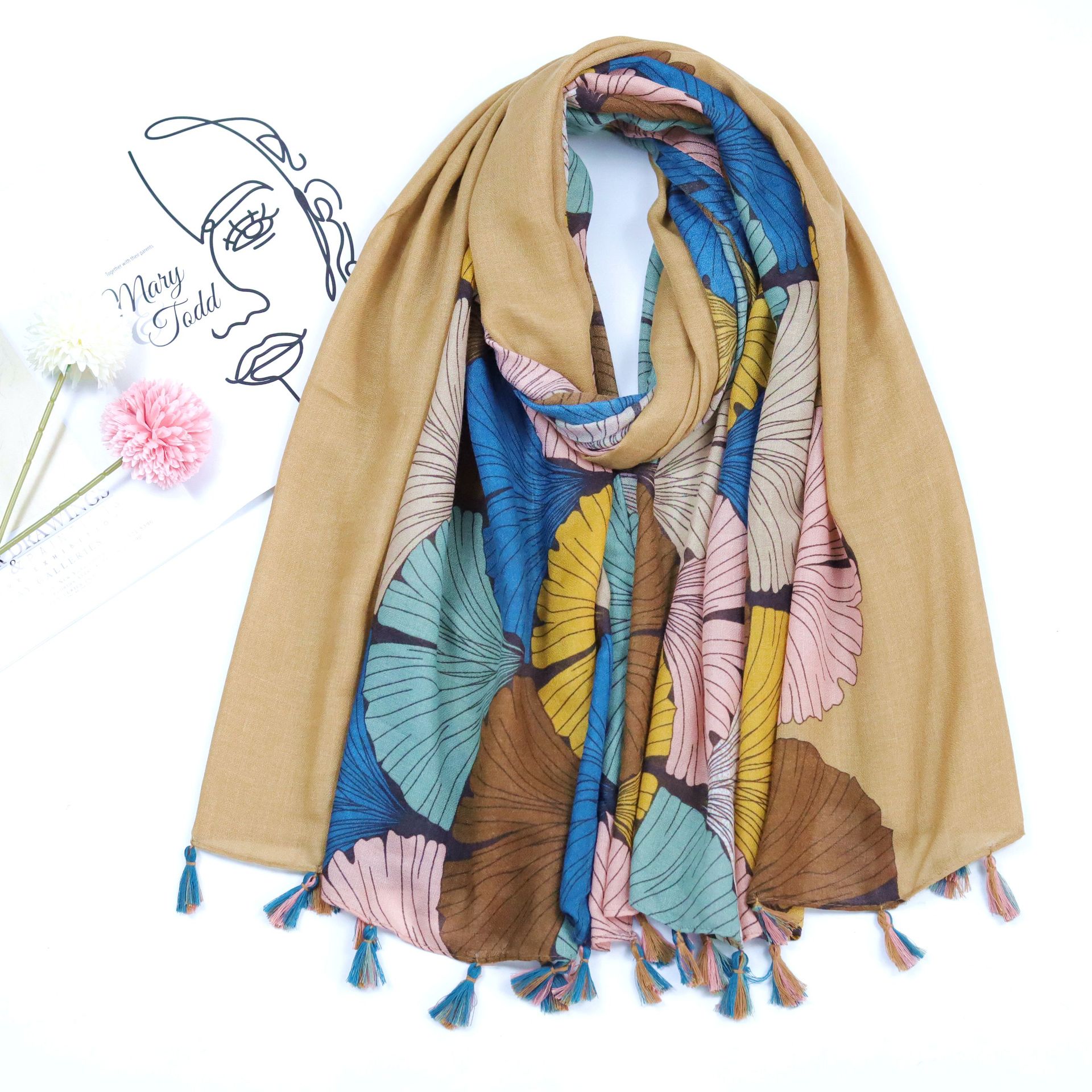 Feel Fashionable Vintage Ginkgo Leaf Printed Tassel Scarf Long Scarf Shawl Literary Style Scarf Cotton Linen Scarves