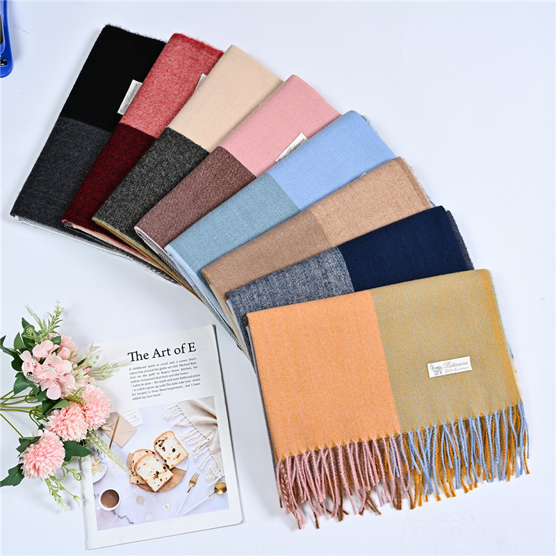 f Autumn and Winter New Elegant Stitching Plaid Warm Thickened Shawl Scarf Women&#039;s Scarf Wholesale Cotton Linen Scarves