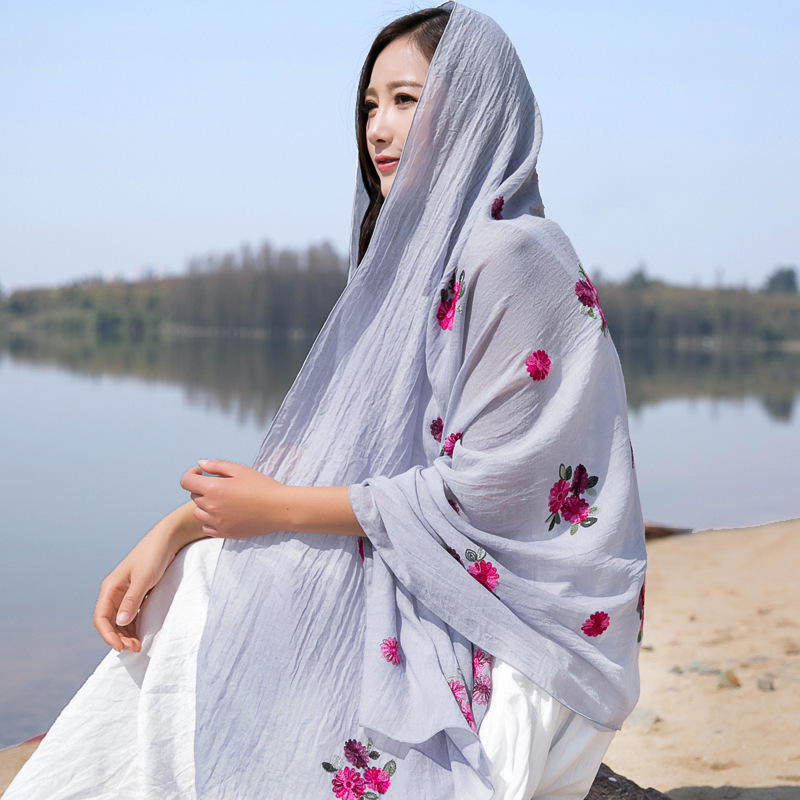 Cotton Linen Scarves  Flower Embroidered Cotton and Linen Scarf Monochrome Embroidered Warm Scarf Shawl for Women