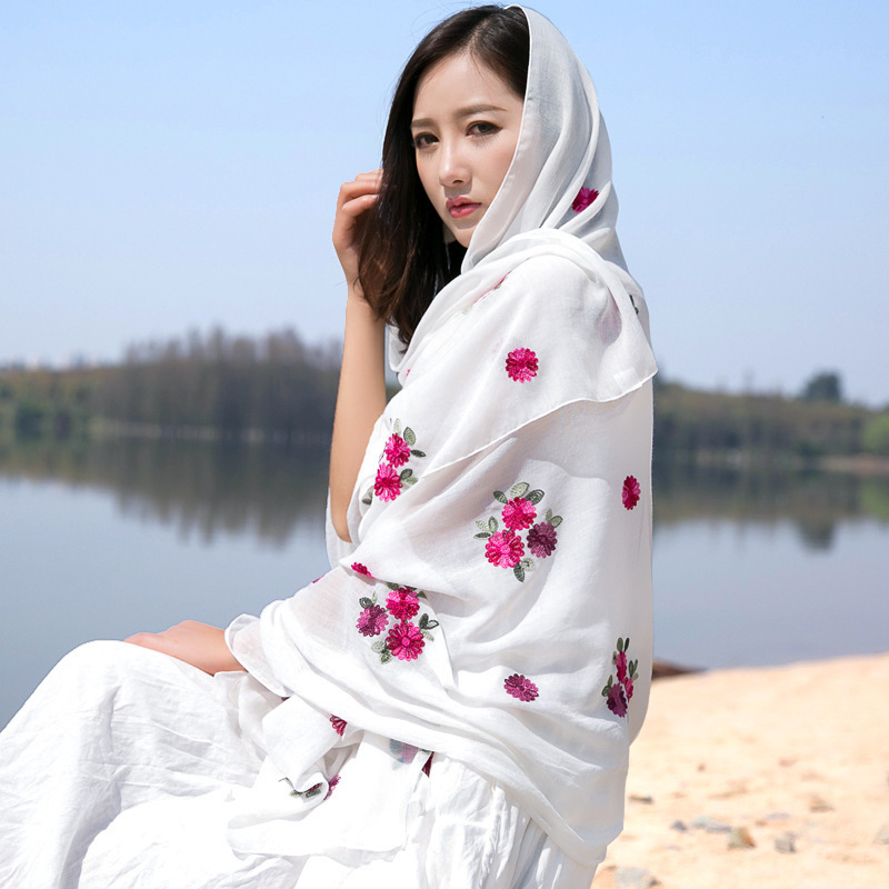 Cotton Linen Scarves  Flower Embroidered Cotton and Linen Scarf Monochrome Embroidered Warm Scarf Shawl for Women