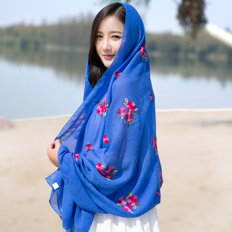 Cotton Linen Scarves  Flower Embroidered Cotton and Linen Scarf Monochrome Embroidered Warm Scarf Shawl for Women