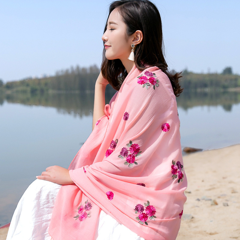 Cotton Linen Scarves  Flower Embroidered Cotton and Linen Scarf Monochrome Embroidered Warm Scarf Shawl for Women