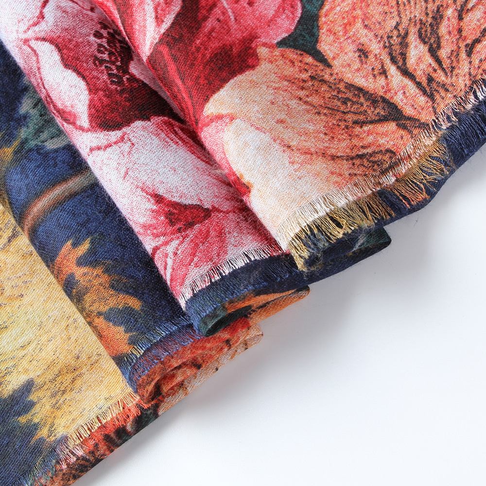 Satin Peony Pattern Women&#039;s Scarf 2021 Autumn and Winter New Cotton and Linen Scarf in Stock Wholesale Chiffon Scarves