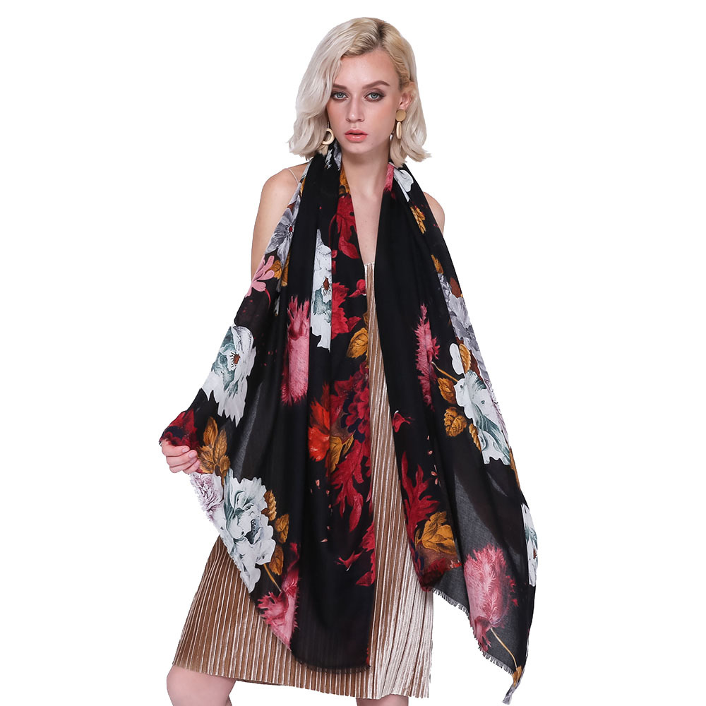 Satin Peony Pattern Women&#039;s Scarf 2021 Autumn and Winter New Cotton and Linen Scarf in Stock Wholesale Chiffon Scarves