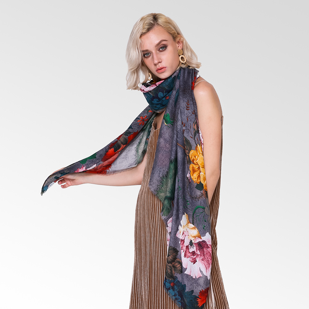 Satin Peony Pattern Women&#039;s Scarf 2021 Autumn and Winter New Cotton and Linen Scarf in Stock Wholesale Chiffon Scarves