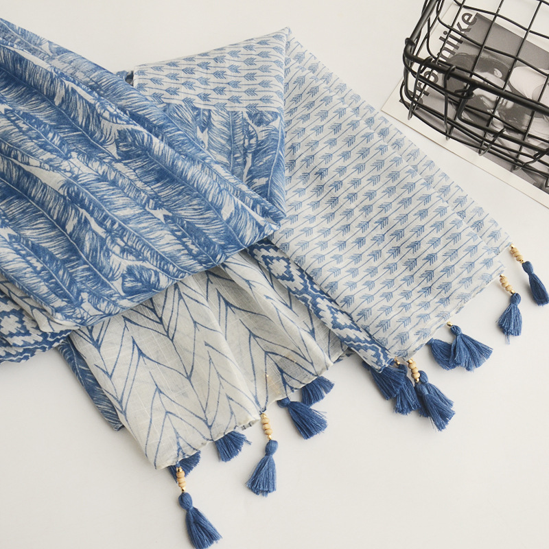 Scarf Foreign Trade Original Single Handmade Wooden Bead Tassel Decorative Scarf Large Gauze Scarf Cotton Linen Scarves
