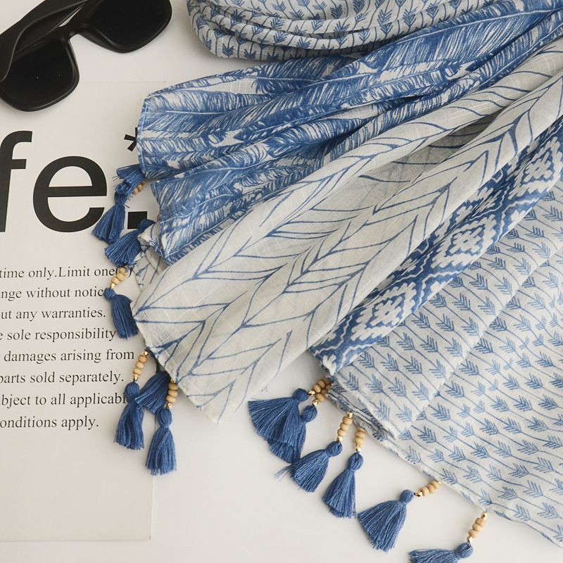 Scarf Foreign Trade Original Single Handmade Wooden Bead Tassel Decorative Scarf Large Gauze Scarf Cotton Linen Scarves