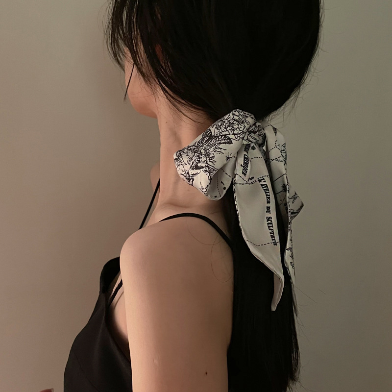 Winds of Summer French Retro Flower and Grass Constellation Narrow Long Scarves Black Beige High Sense Gentle Elegant Tied Hair Ribbon